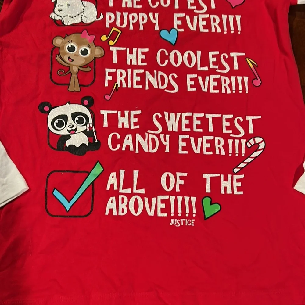 NWT Justice All I want For Christmas Puppy Friends Candy Red White Top 18